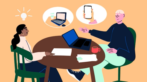 Piirroskuva kahdesta aikuisesta, jotka puhuvat pöydän ääressä tietokoneesta ja kännykästä.