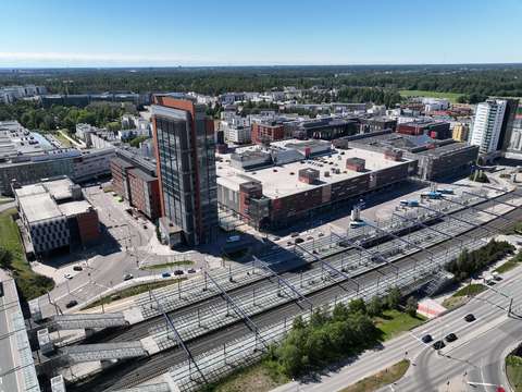 Aerial view of the Sello shopping centre, with the train tracks in the foreground.