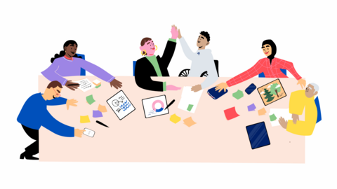 Piirroskuva ihmisistä, jotka työskentelevät yhdessä.