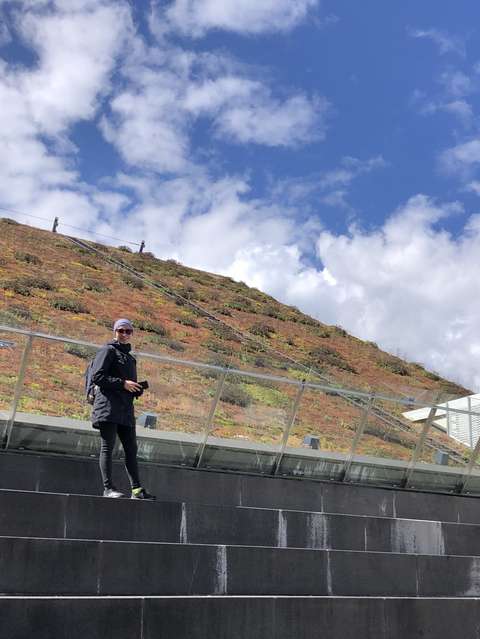 En person med mörka ytterkläder står på en trappa utomhus. I bakgrunden syns ett räcke av glas och bakom det ett grönt tak. Det finns vita moln på den blå himlen.