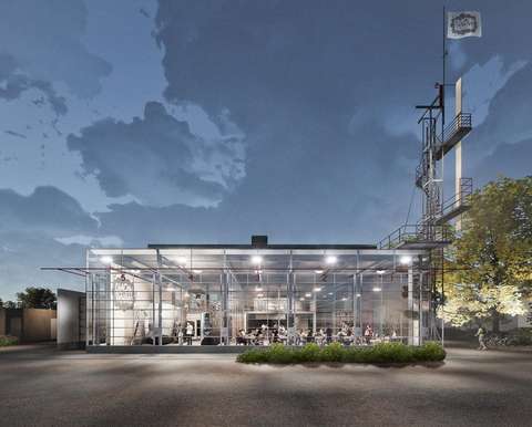 Havainnekuvassa rakennus kuvattuna idästä, jossa paloaseman rakennuksen suurten lasiseinien läpi näkyy Olarin panimon toimintaa.