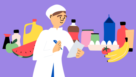 Henkilöllä on valkoinen takki ja hiuksissa suoja ja hän pitelee kädessä kynää, taustalla elintarvikkeita kuten hedelmiä ja tölkkejä, piirroskuva.