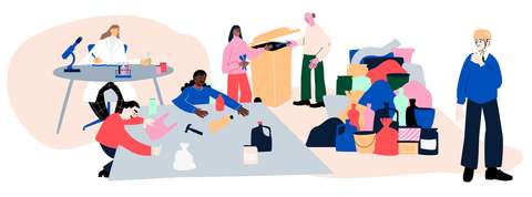 cartoon characters working with plastics.