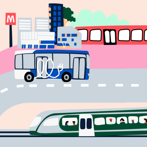 Drawing of city transport, train, metro, bus.