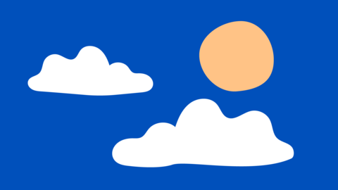 Piirroskuva, jossa taivasta, kaksi pilveä ja aurinko.