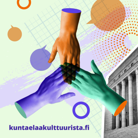 Kuvituskuvassa kolme kättä ja taustalla Eduskuntatalo.