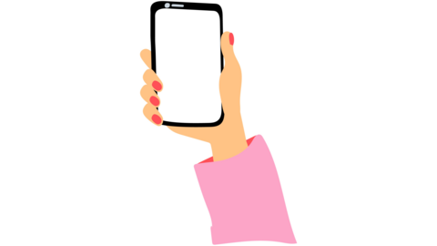 Piirroskuvassa käsi pitelee kännykkää.