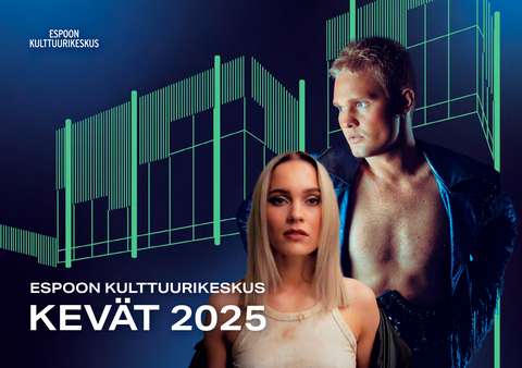 Espoon kulttuurikeskuksen kevään 2025 kansi. Kuvassa Espoon kulttuurikeskuksen siluetti sekä pop-artisti Sanni ja Benjamin.