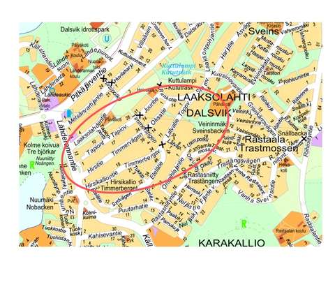 Kuvassa, (google maps) kopioitu karttakuva Laaksolahdesta, johon piirretty ympyrä jonka sisällä on rakennettavat katualueet.