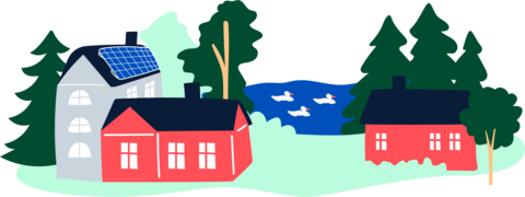 En teckning av ett lantligt landskap.