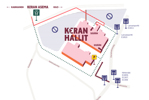 Saapumiskartta Keran Halleille Espoossa. Kartassa näkyy Keran asema, jolta johtaa punainen viiva Keran Hallien sisäänkäynneille. Rakennukset on merkitty vaaleanpunaisella, ja sisäänkäynnit on korostettu teksteillä 'SISÄÄN'. Lähimmät bussipysäkit, kuten Lansanportti ja Nihtimäki, on merkitty sinisillä busseja kuvaavilla symboleilla, ja niiden tunnukset on lueteltu. Pysäköintialue on merkitty P-symbolilla rakennuksen edustalle. Kartassa näkyvät kadut ovat Kuoniantie, Nihtisalonkuja ja Karantie.