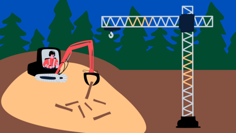 Piirroskuva rakennustyömaasta.