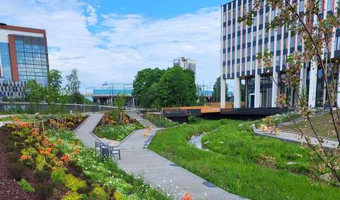 Kaupunkimaisema, jossa on kasvillisuutta, hiekkatiet ja korkeita, moderneja taloja.