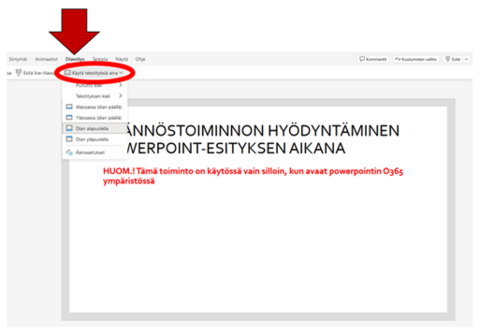 Kuvakaappaus O365-ohjelman Powerpointista, jossa käännöstoiminta kytketään päälle kohdasta "Käytä tekstityksiä aina".