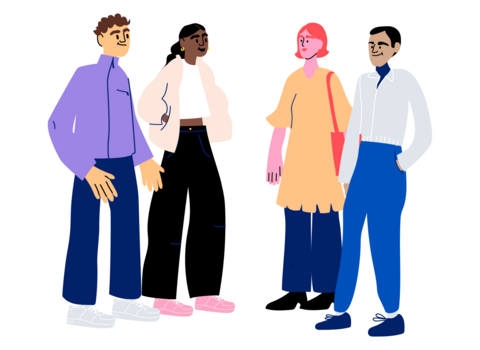 Eri ikäisiä ihmisiä piirroshahmoina.