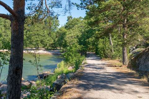 Strandpromenaden löper alldeles intill havet. Det finns träd och klippor längs med vägen.