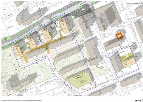 Havainnekuva suunnittelualueesta Soukan keskustassa.