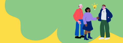 Piirroskuva, missä ihmisiä ideoimassa.