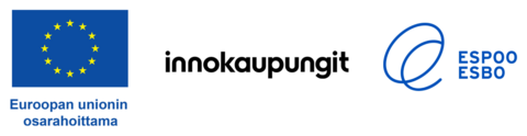 Kestävän tulevaisuuden kaupunginosat -hankeen logorivi, Euroopan Unioinin osarahoittama, Innokaupungit ja Espoon kaupungin logot. 