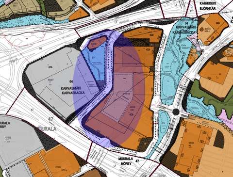 Kaavakarttapohjaan on merkitty suunnittelualue sinisellä soikean muotoisella merkillä.