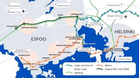 A map of the existing railways in the Helsinki region, as well as those that are currently being planned or constructed.
