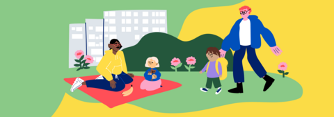 Piirroskuva ihmisistä piknikillä.