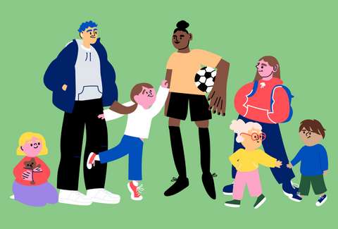 Kuvituskuva, jossa lapsia ja nuoria