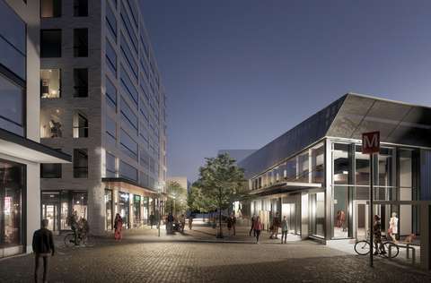 The image depicts the view southwards from Kaitaantie. The metro station building is on the right side of the image and, on the left, there are façades of the planned new blocks of flats with commercial premises on the ground floors. The image also includes people walking along the pedestrian walkway connecting Kaitaantie and Iivisnimentori.