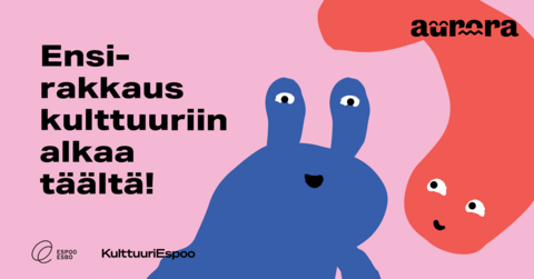 kaksi värikästä kuvitushahmoa vaaleanpunaisella taustalla sekä teksti Ensirakkauskulttuuriin alkaa täältä!