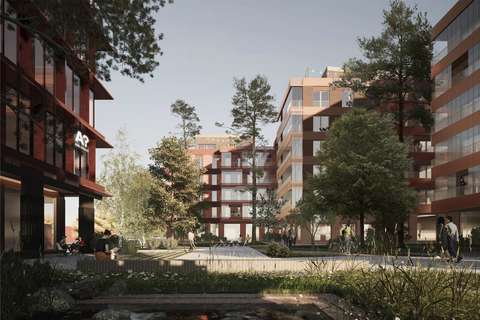 Kuviteltu näkymä aukiolta. Kuvassa näkyy kerrostaloja,joiden edessä puita. Aukiolla viheraä.ue