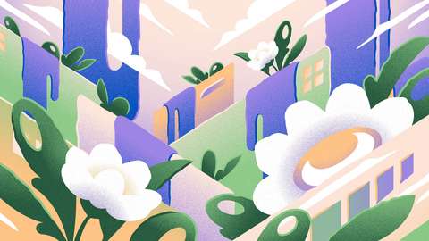 Kuvituskuvassa kukkia ja erilaisia muotoja. 