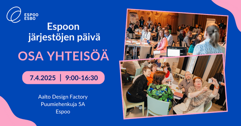 Espoon järjestöjen päivän tapahtumakuva, jossa sävyinä tumman sininen ja vaaleanpunainen. 