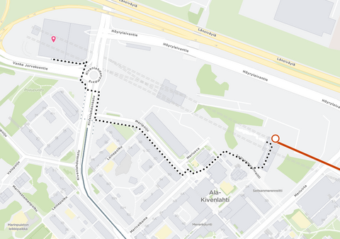 A map with a dotted line marking the walking route from Kivenlahti Metro Station to Hype Arena.