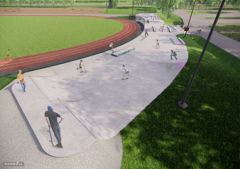 Havainnekuvaan on luonnosteltu skeittramppeja ja ihmisiä puistossa urheilukentän vieressä.