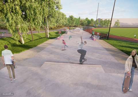 Havainnekuvaan on luonnosteltu skeittiramppeja ja ihmisiä. Havainnekuva on etelän suunnasta.