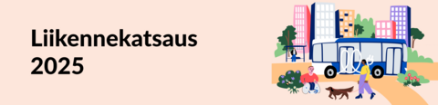 Piirroskuvassa bussi, ihmisiä kadun varrella ja taustalla korkeita taloja sekä kaupunkivihreää.