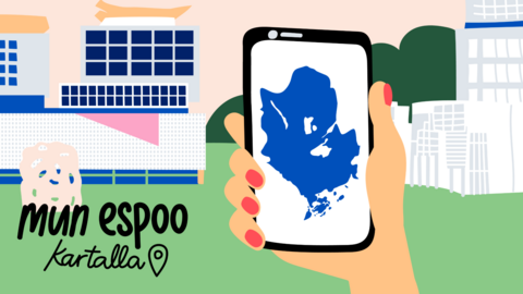 Teksti: mun espoo kartalla, piirroskuva kädessä, joka pitelee  puhelinta, taustalla rakennuksia. 
