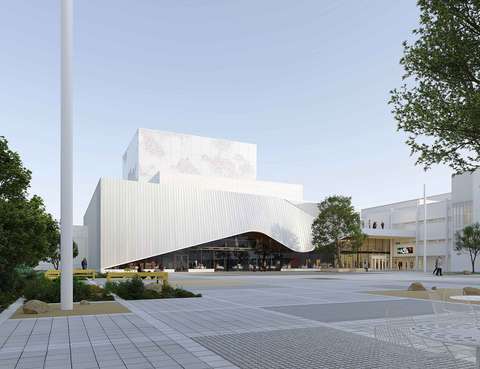 Havainnekuva, jonka etualalla näkyy aukiota ja taustalla valkoinen rakennus, joka yhdistyy toiseen valkoiseen rakennukseen.