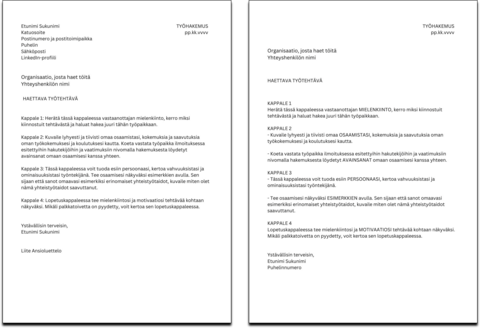 Kaksi työhakemusta.