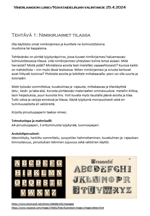 Kuvataidelinjan valintakokeen tehtävä 1, kevät 2024.