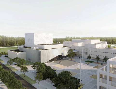 Havainnekuva, jossa näkyy aukio, jossa on tyhjää tilaa sekä puita. Aukion ympärillä on valkoisia rakennuksia.