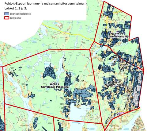 Opaskarttapohjalle on merkitty suunnittelualueet lohkot 1, 2 ja 3.