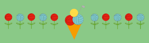 En ritning. Bakgrunden är ljusgrön. I mitten finns en glasstrut med basket-, volleyboll- och tennisboll som glasskulor. Dekorationen är en golfklubba.