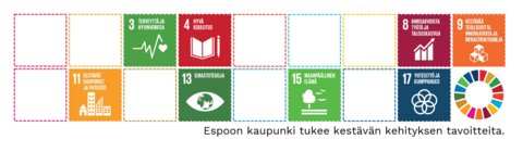YK:n kestävän kehityksen tavoitteet - kuvakkeet: Terveyttä ja hyvinvointia, Hyvä koulutus, Ihmisarvoista työtä ja talouskasvua, Kestävää teollisuutta, innovaatioita ja infrastruktuureja, Kestävät kaupungit ja yhteisöt, Ilmastotekoja, Maanpäällinen elämä, Yhteistyö ja kumppanuus tavoitteiden saavuttamiseksi. Espoon kaupunki tukee kestävän kehityksen tavoitteita.