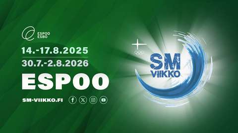 Kuvassa on vihreällä taustalla SM-viikon logo sekä teksti: 14.-17.8.2025, 30.7.-2.8.2026, Espoo