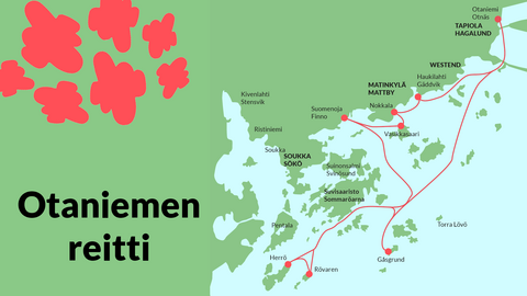 Kuvassa on kartta, jossa näkyy Otaniemen saaristoliikenneveneen reitti ja pysähdyspaikat.