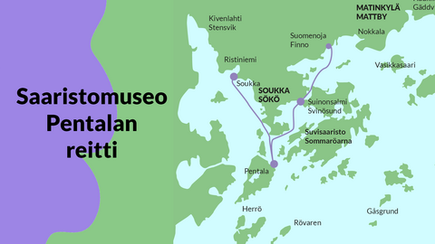 Kuvassa on kartta, joka näyttää Pentalan saaristoveneen reitin ja pysähdyspaikat.