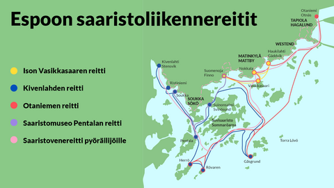 Kuvassa on Espoon rannikon kartta, johon on merkitty saaristoliikenteen veneiden pysähdyspaikat satamissa sekä reitit.