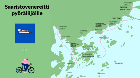 Kuvassa on Espoon kartta, joka näyttää pyöräilijöiden saaristovenereitin. Vieressä on piirretty kuva saaristoveneestä ja pyöräilijästä.