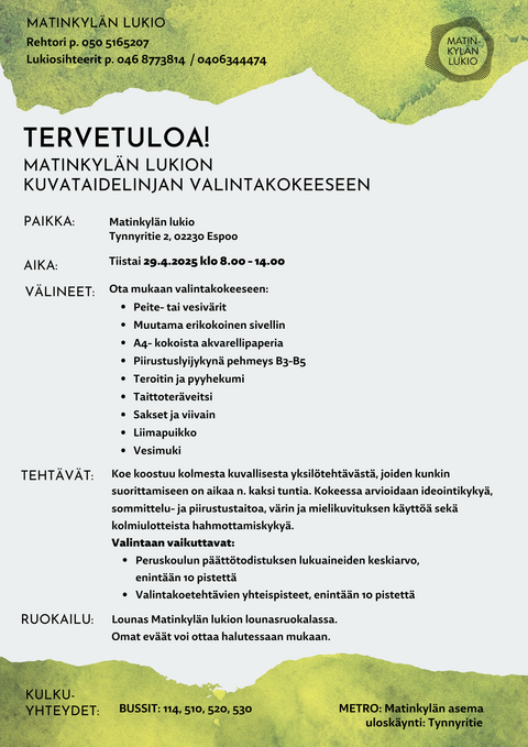 juliste, jossa ohjeet valintakokeeseen osallistumiselle